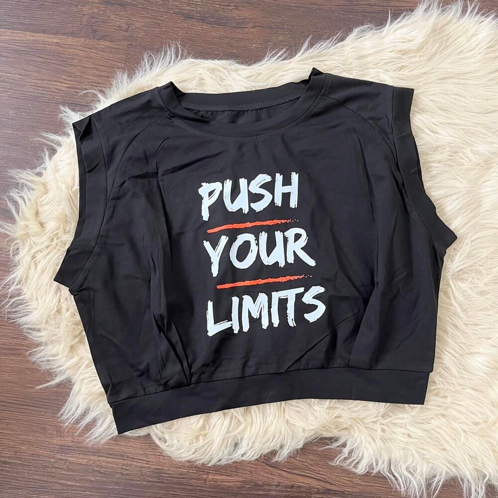 Black cotton "Push Your Limits" Graphic Muscle Tee Crop Top L